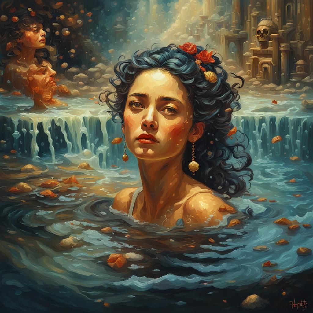 Classical Oil Painting of Bathing Woman in Retro Style