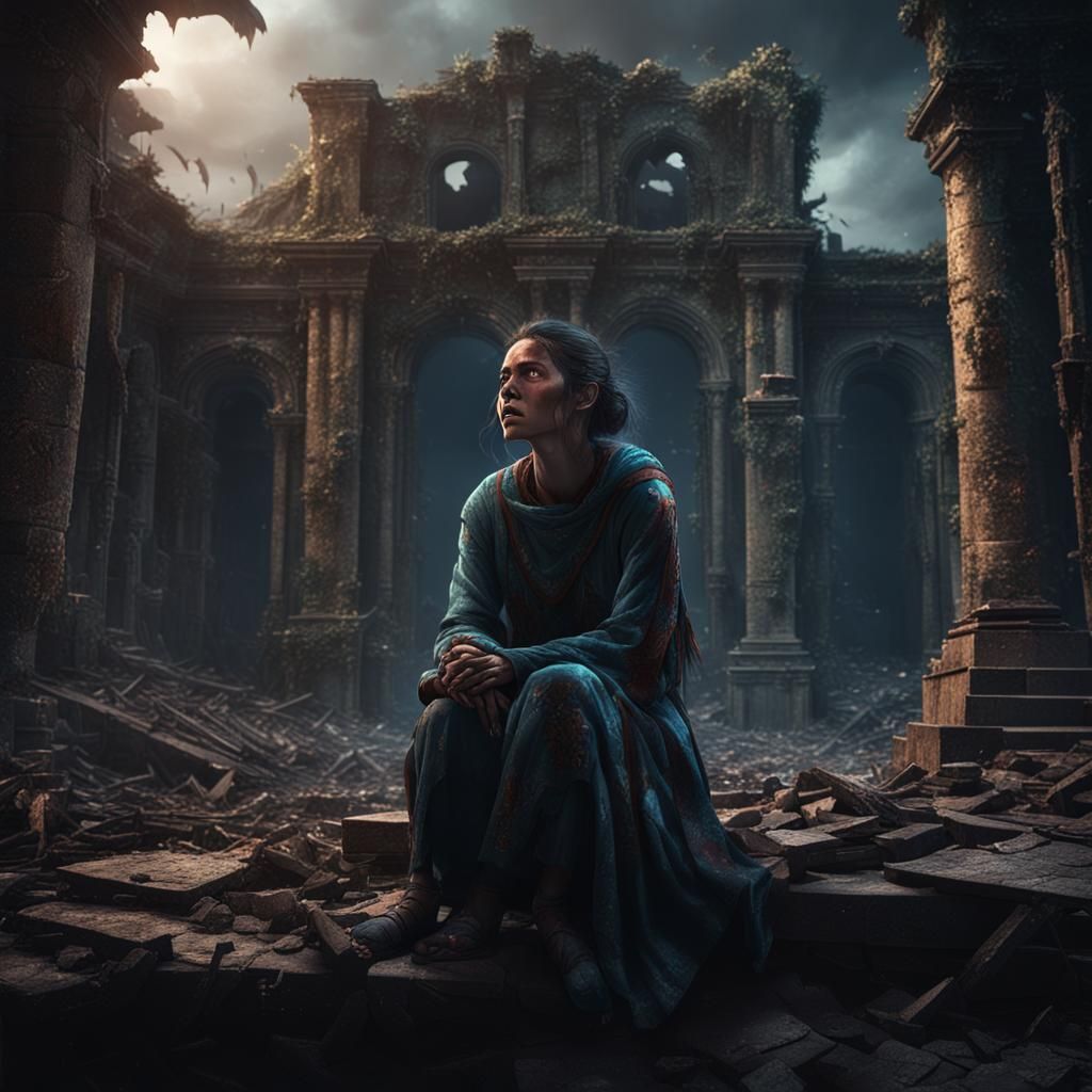 Helpless woman crying in dark ruins