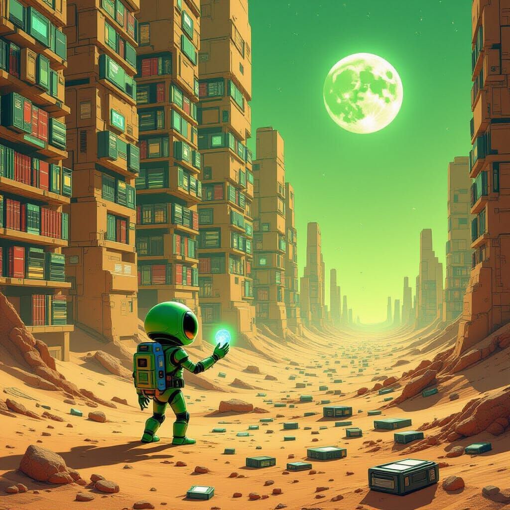 A lone green bug-eyed alien discovers a colossal, ancient alien library buried beneath the sands of a desolate desert planet.