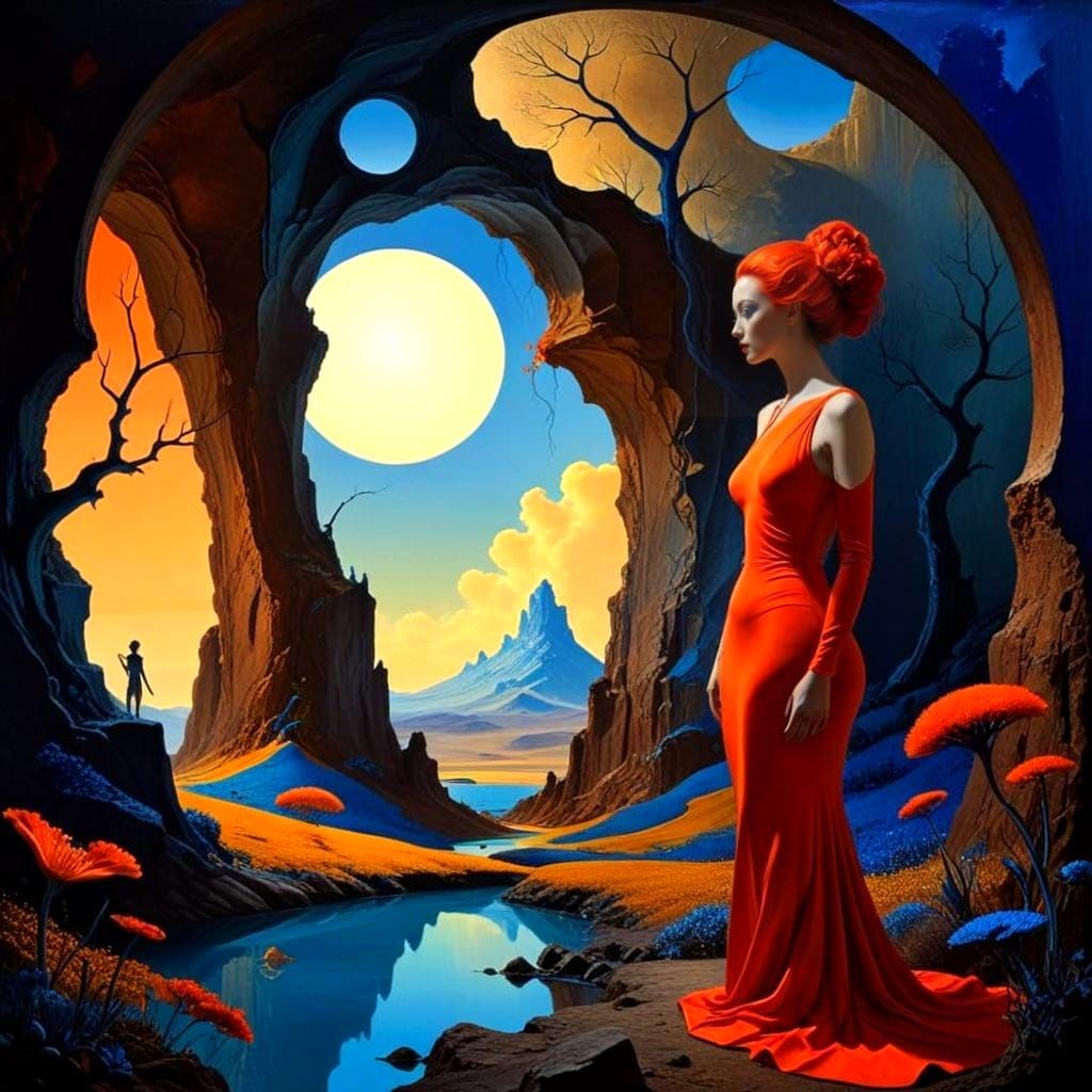 Surrealistic Landscape with Tiny Female Silhouette