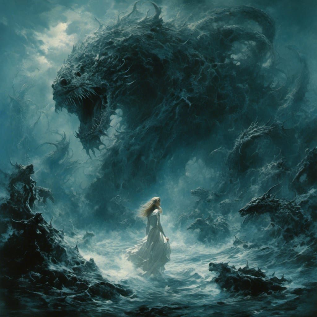 Heroine encounters sea monster <lora:LapiDark:1.0>