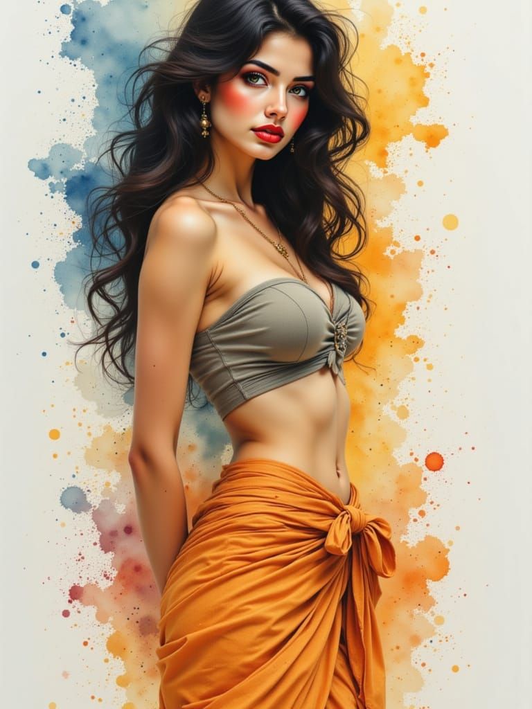 <lora:Mythic Chiaroscuro:1.0> <lora:WhiskeyGouache:1.0> petite stunning Malayalam mid 20s young woman, wearing only a modesty skirt.

A deta...