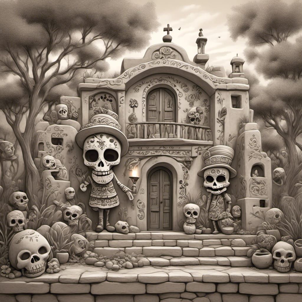 a sloppy minimalist savant pencil sketch of a hypothetical SantaFe Stucco style, Day of the Dead Celebration at golden hour by candle light....