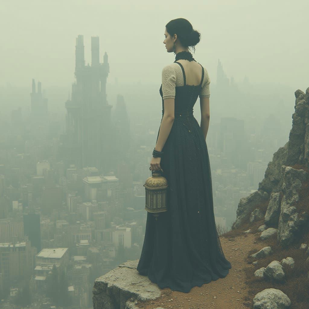 A solitary woman in a flowing, elegant gown stands on a cliff overlooking a vast, post-apocalyptic city shrouded in mist. She holds a single...