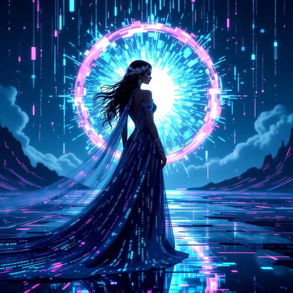 A digital enchantress with a flowing gown of binary code stands before a shimmering portal, their eyes radiating an otherworldly glow. The b...