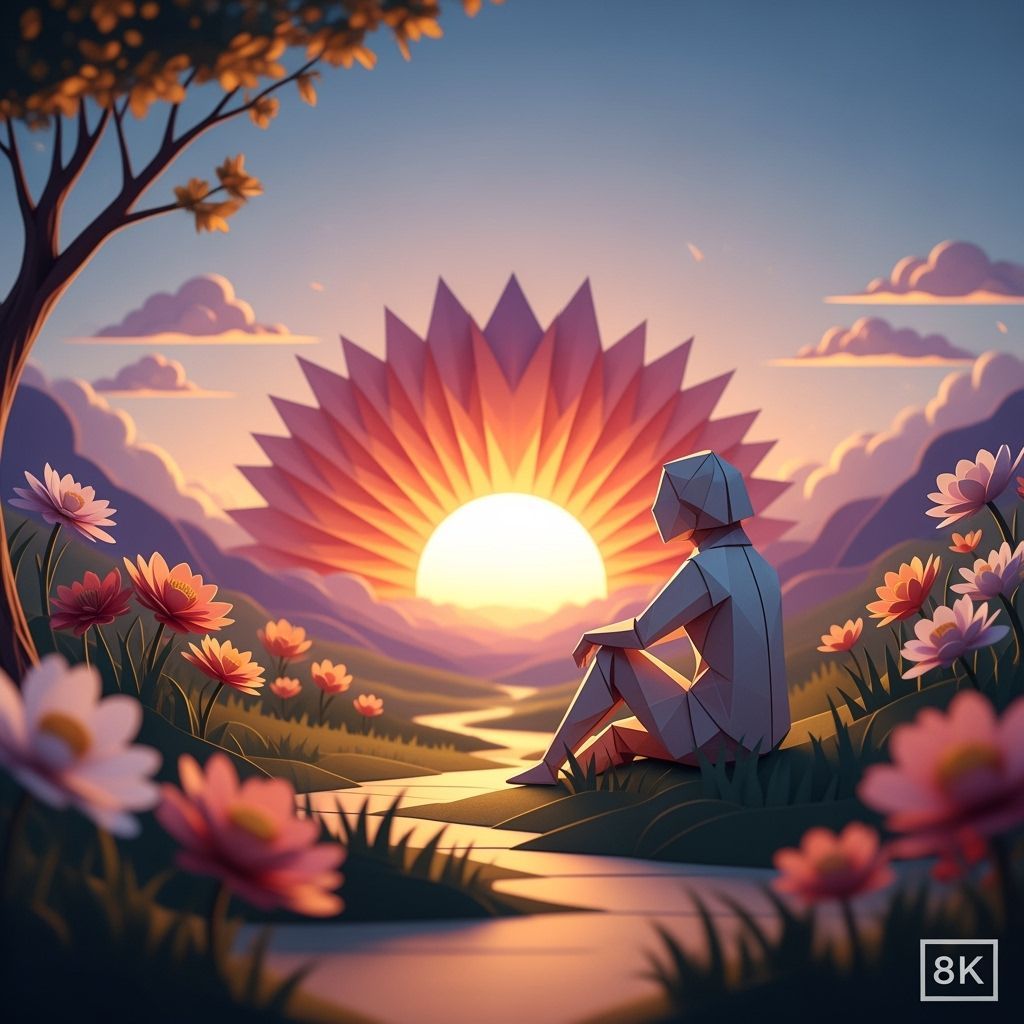 Tranquil Sunset Scene in Origami Papercraft Style