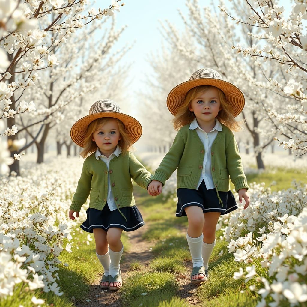 Enchanted Almond Orchard: Twin Girls in a Dreamscape