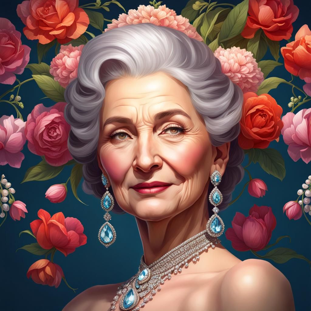 Beautiful legendary woman 90 years old wearing dimond jwellery flowers ...