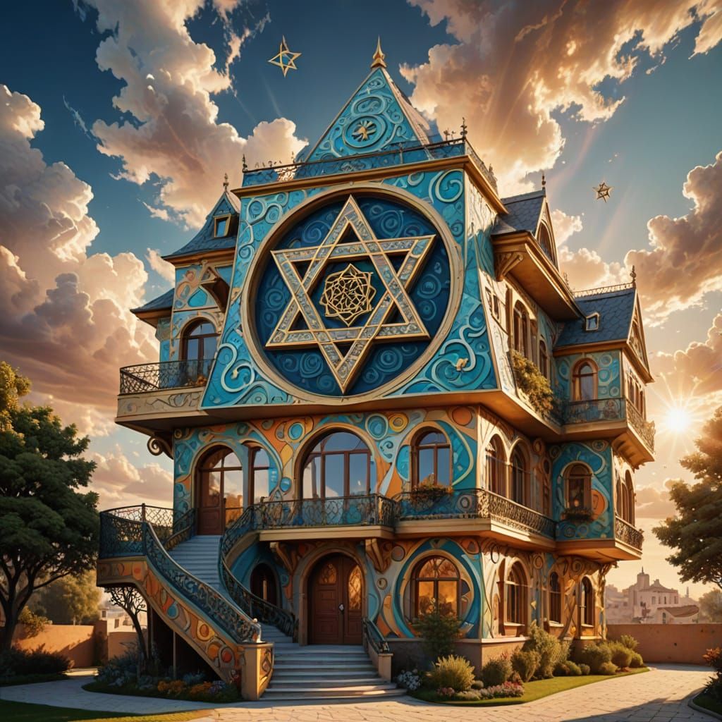 Surreal Star of David House in Vibrant, Dreamlike Style