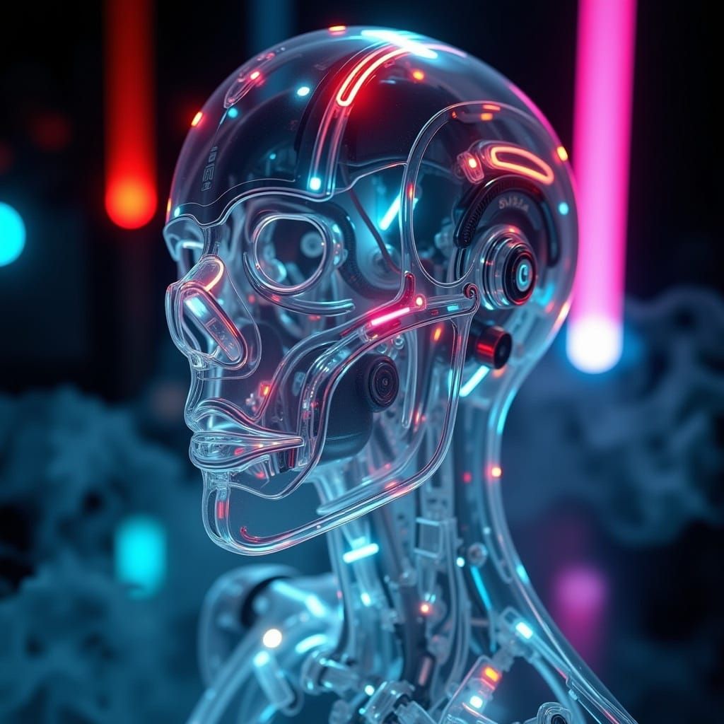 <lora:Cybernetix:1.0> dynamically close up, high-resolution photograph of a translucent softly glowing mechanical "Cyborg" back lit by neon...