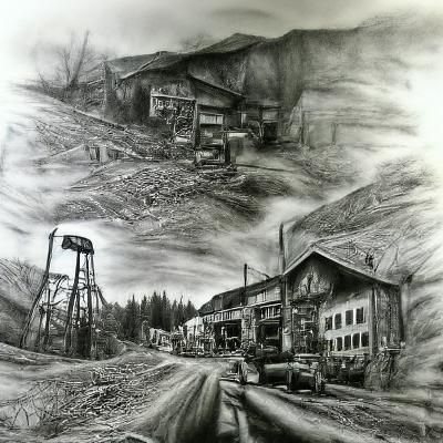 Abandoned mining town hyperdetailed charcoal drawing