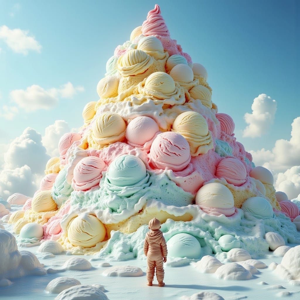  <lora:Ice Cream Flux:1.0> An epic mountain of ice cream, a small guy stands at the base looking up at it