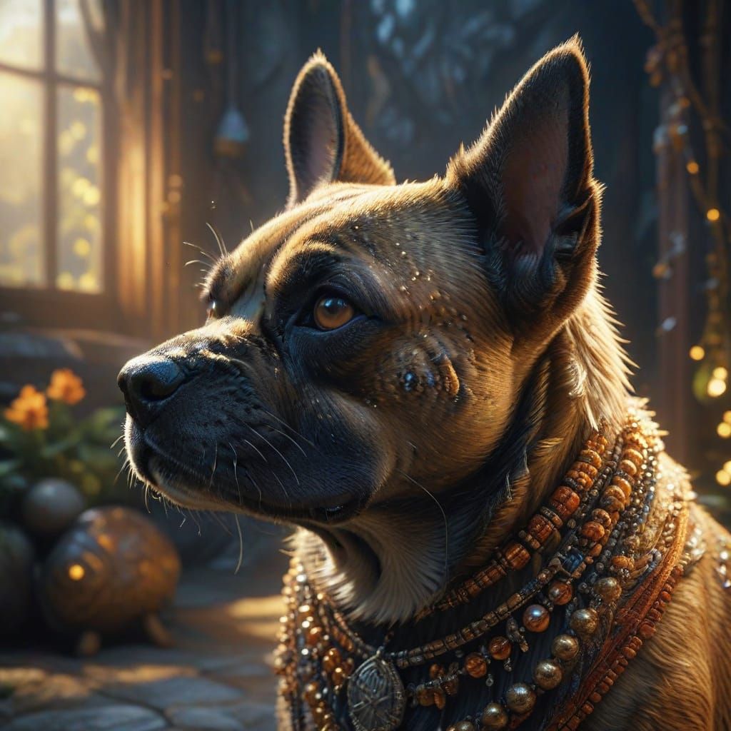 Hyper-Realistic Canine Gathering in Vibrant Embroidered Fant...