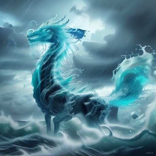 Majestic Water Horse Emerges from Stormy Ocean