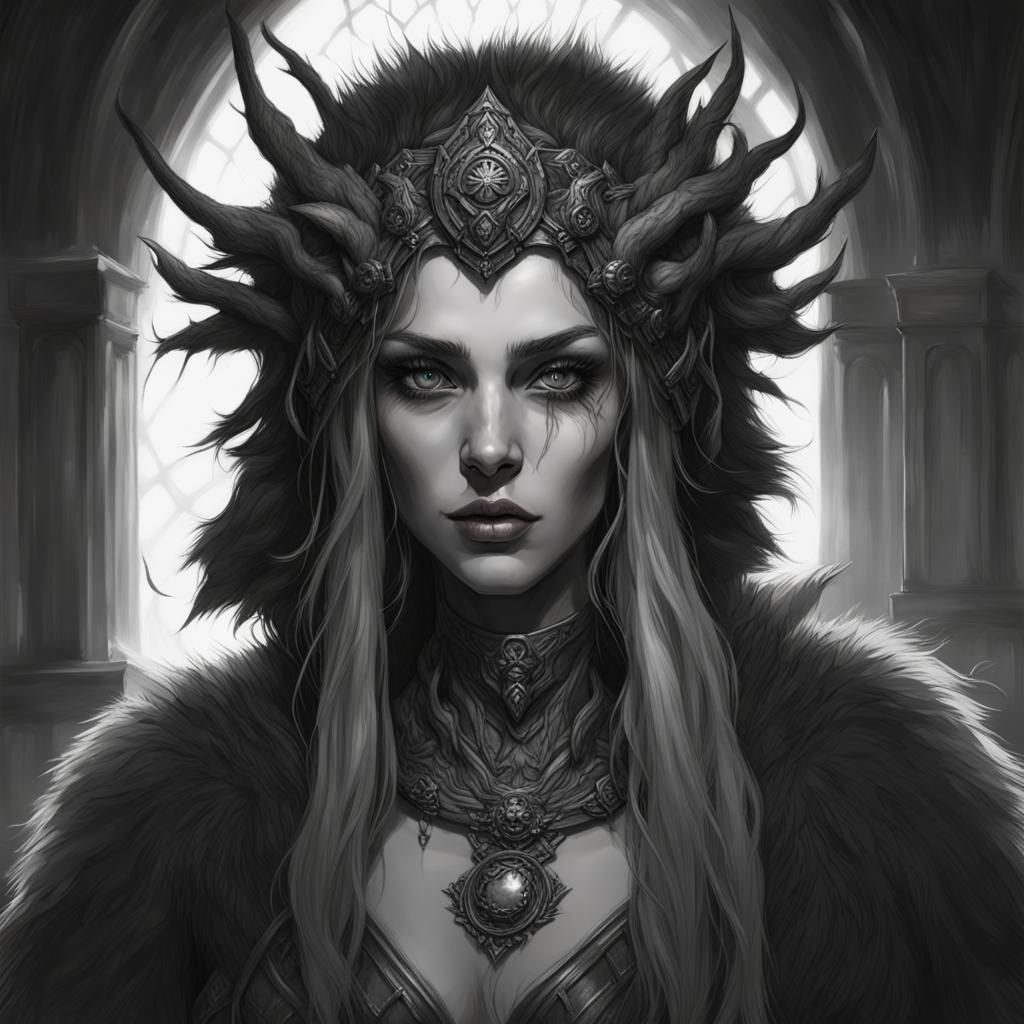 Portrait, gothic frame, corrupted druid woman, mangy fur clothing ...