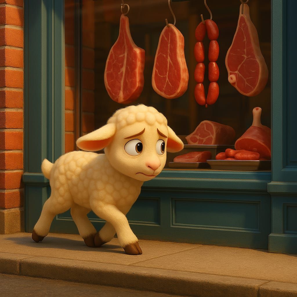 Nervous Lamb passing a butchers shop.