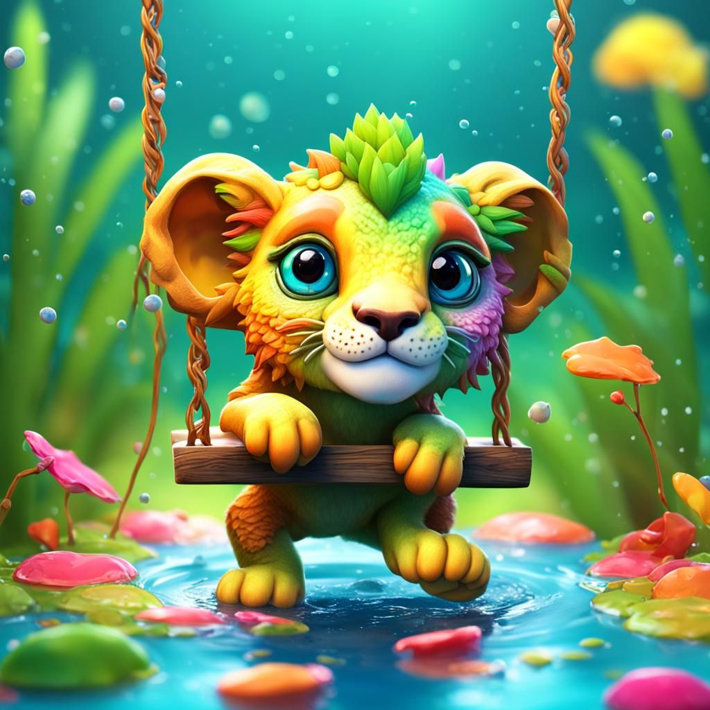 A lion chameleon. Chibi. 3d. Playing in a pond. A swing. Bri...