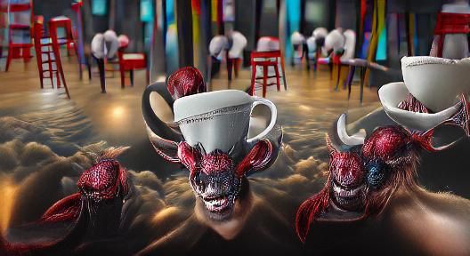 Horned demons drink from coffee cups in a surrealist cafe 8k...