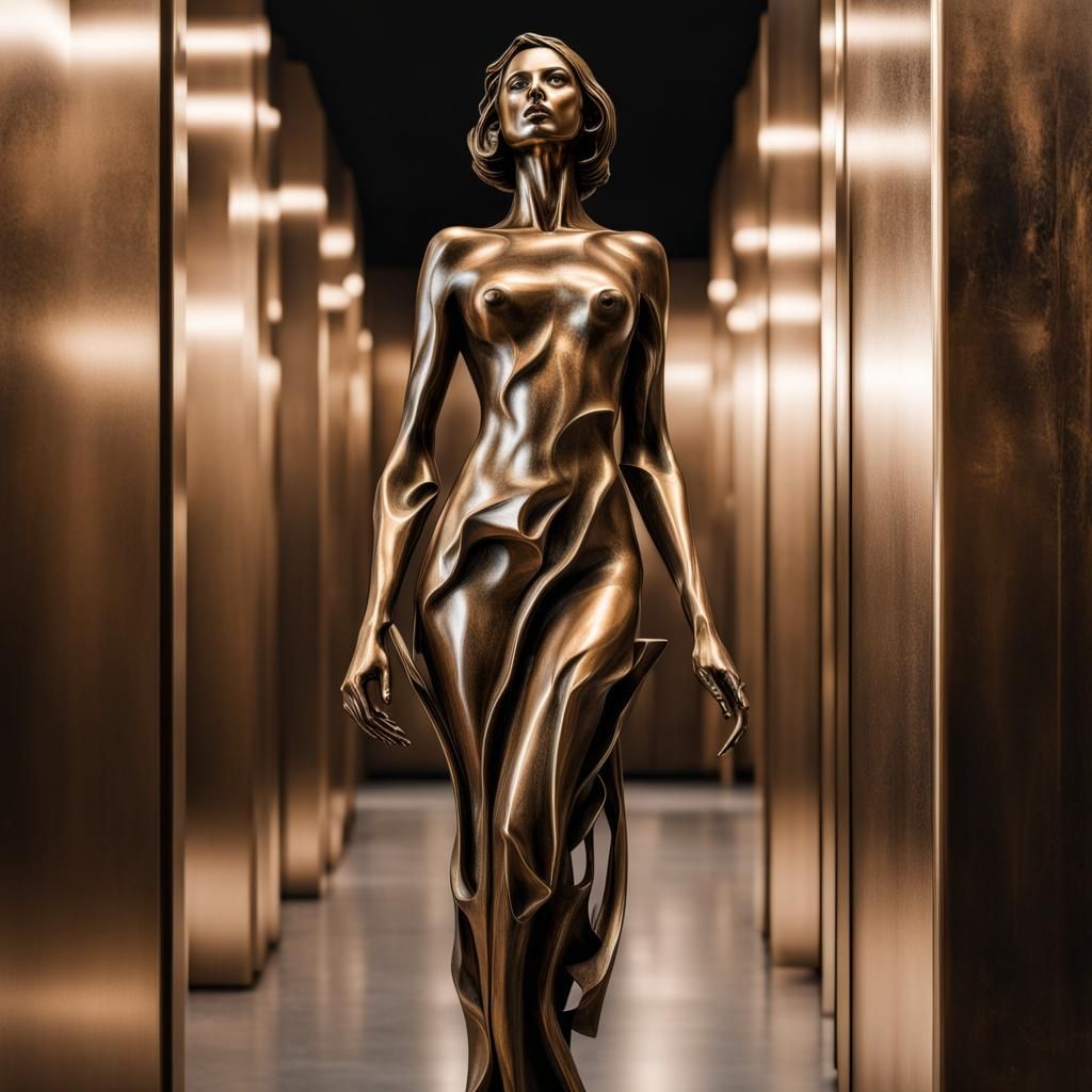 Woman in space sculpture made of polished bronze - AI Generated Artwork