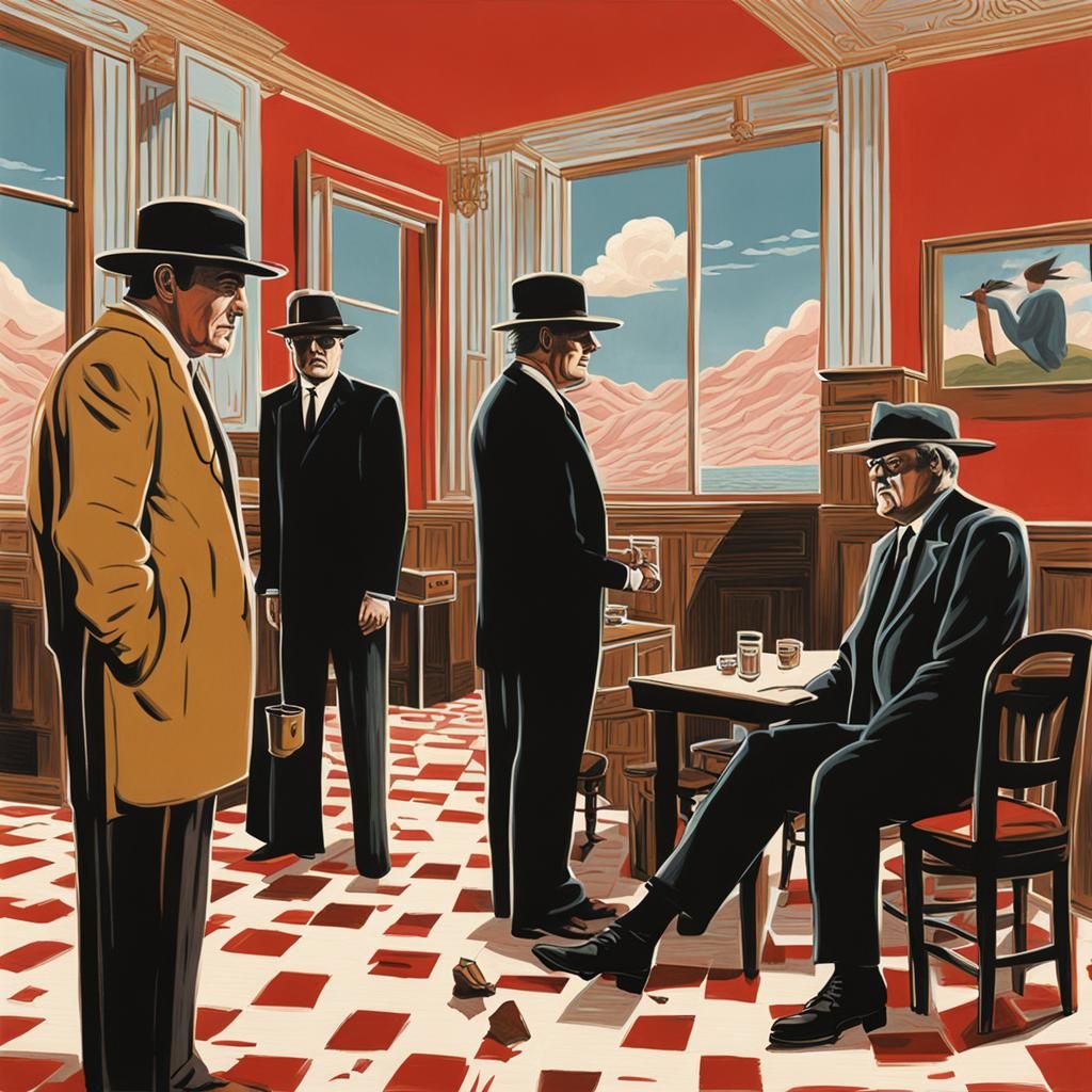 A scene from a Tarantino's movie drawn in Rene Magritte's st...