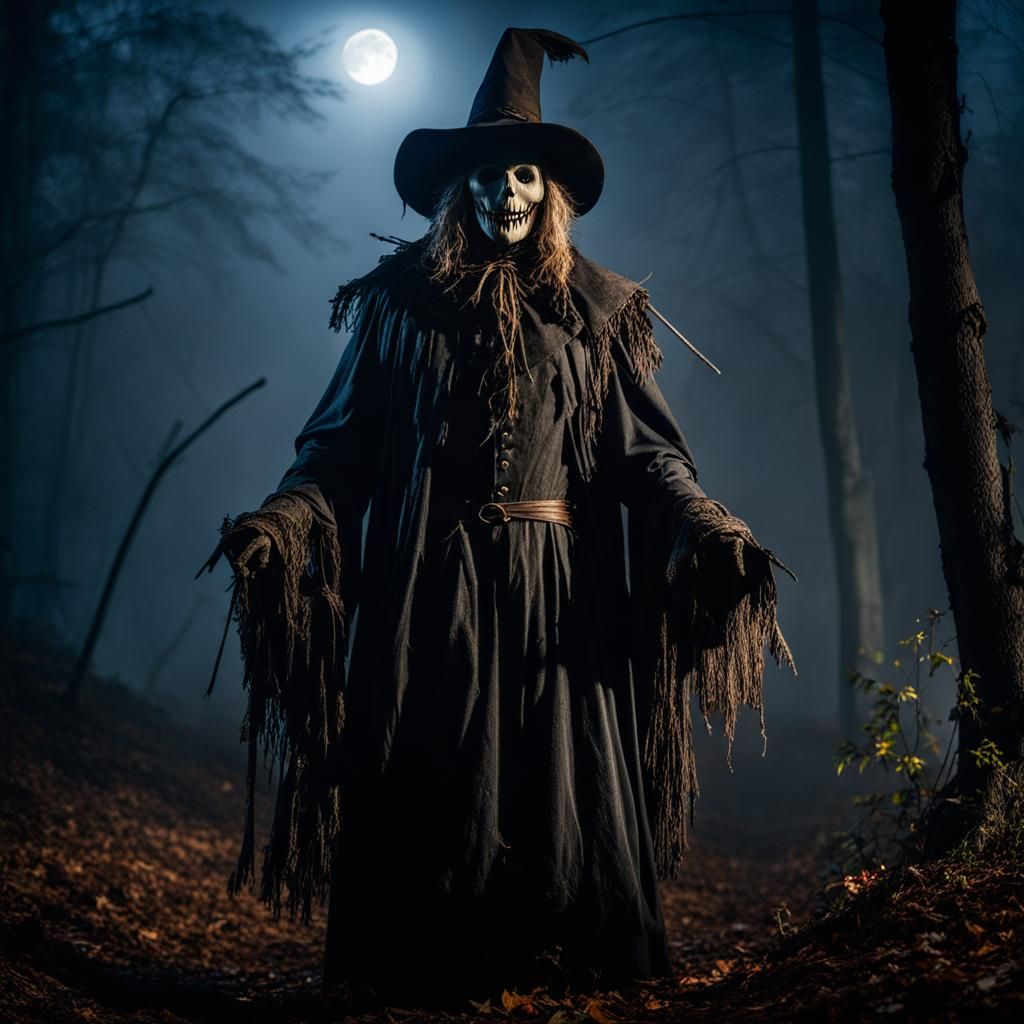 Wicked Scarecrow, Haunted Forest Scene, Foggy, Dark, Moonlit...