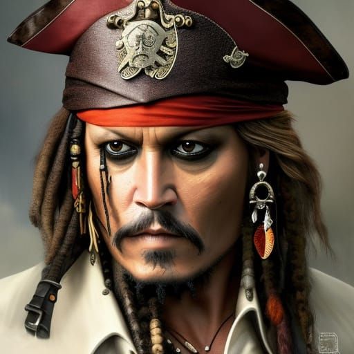 Johnny Depp as Captain Jack Sparrow with ornate pirate hat, head and ...