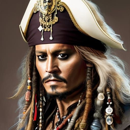 Johnny Depp as Captain Jack Sparrow with ornate pirate hat, head and ...