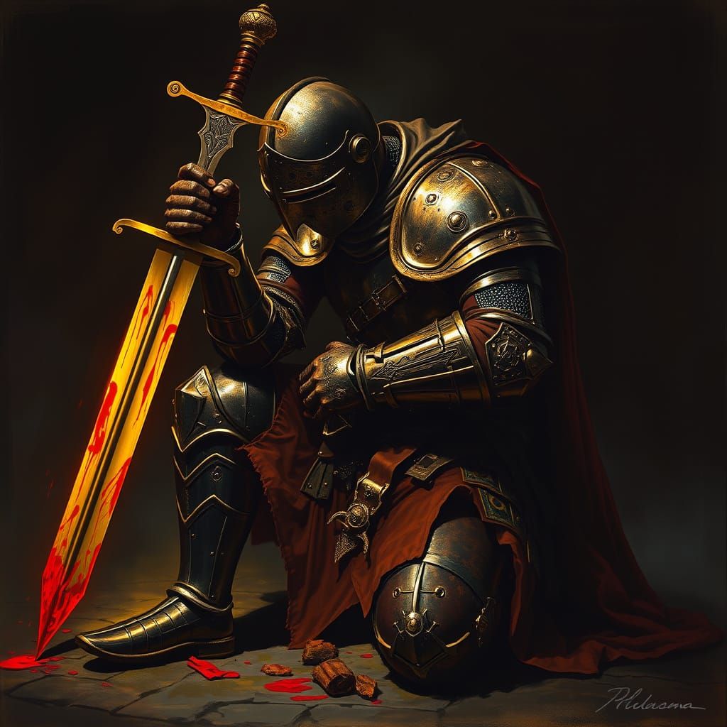  A knight kneels down in darkness, 
