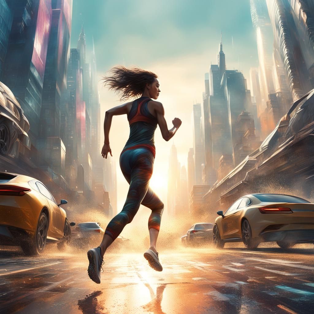 Sci fi future, woman running, city scape, morning, sunlight,...