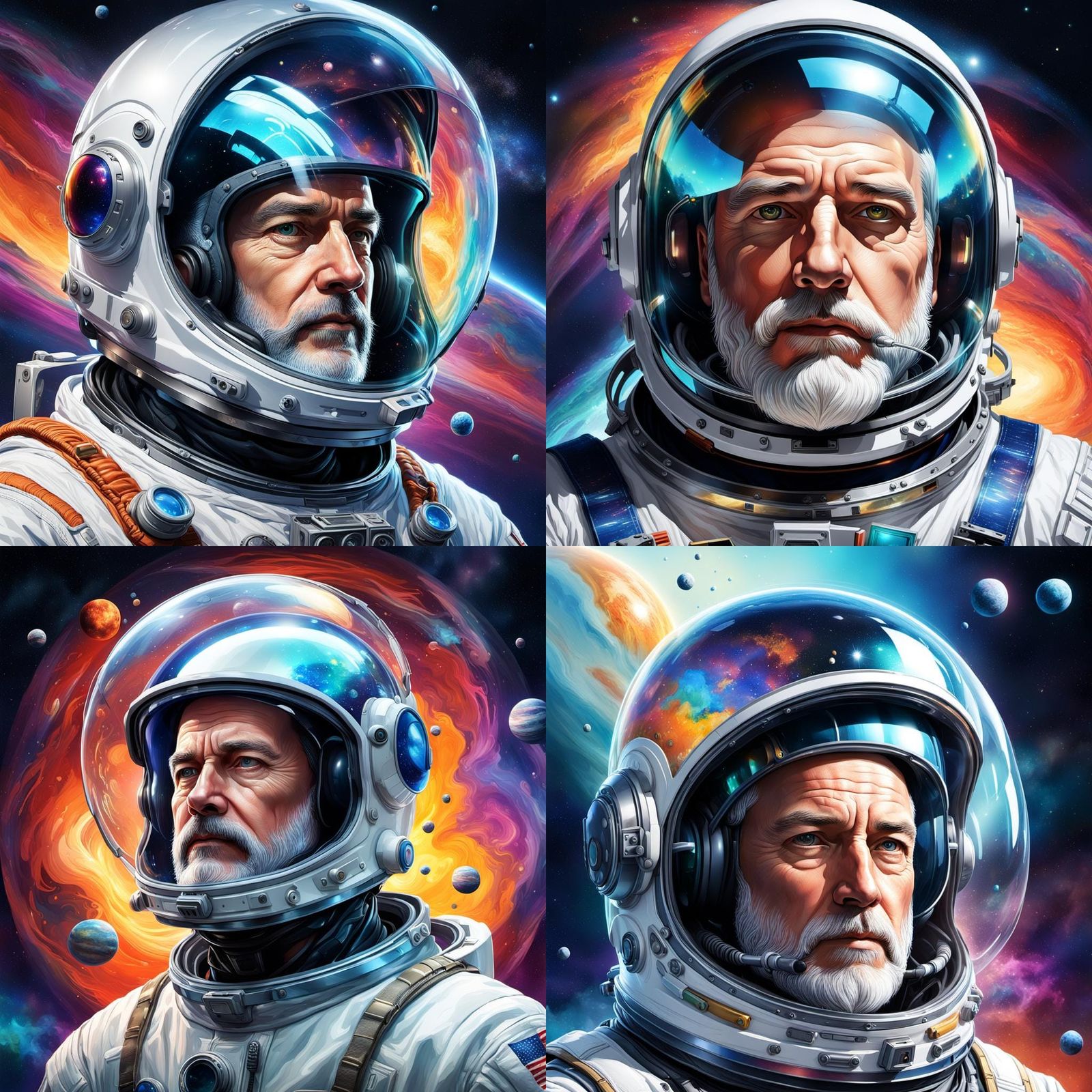 40 year old man , short white beard and hear, in a space hel...