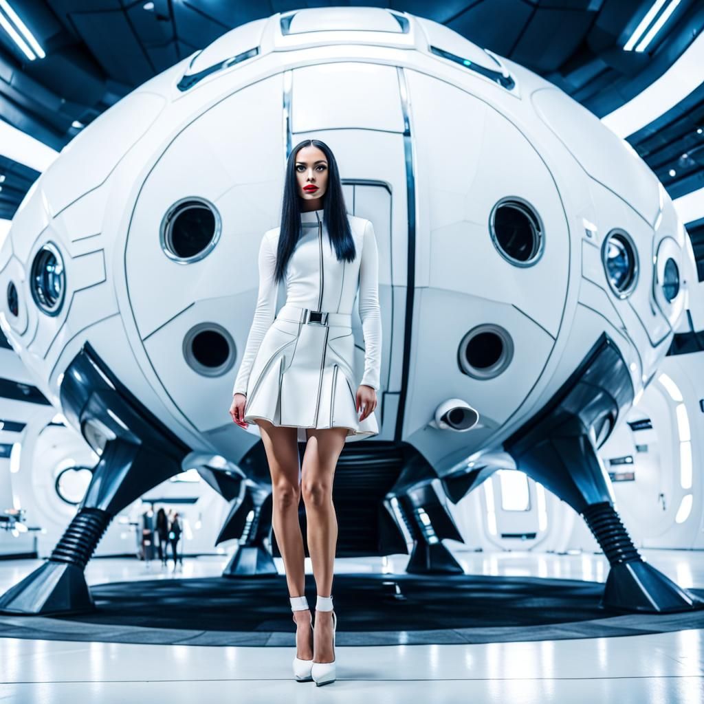 futuristic girl standing in heels in front of a spaceship
