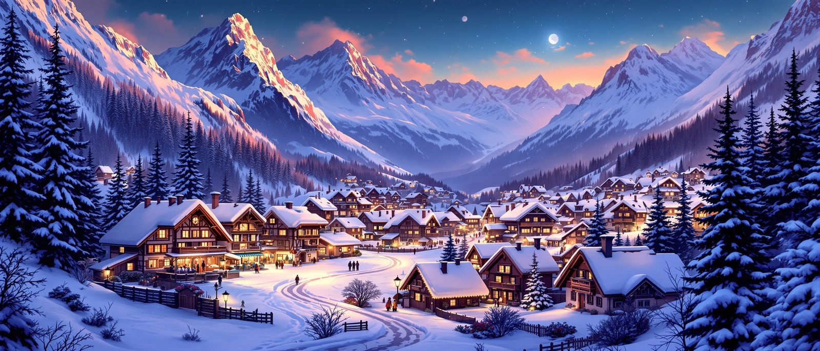 A cozy alpine village awakens under the soft glow of lanterns at night!  by @Paul G