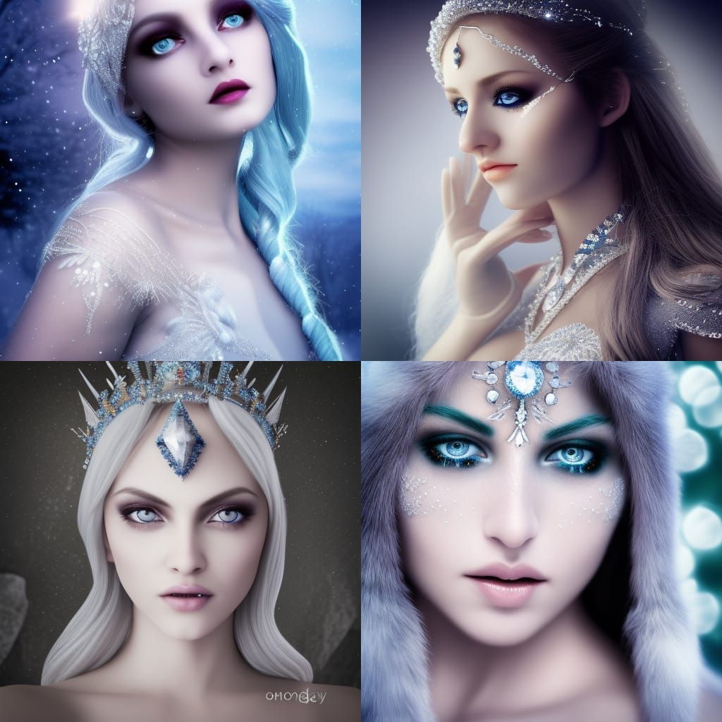 Ice queen, majestic, detailed magical eyes, hypnotising eyes...