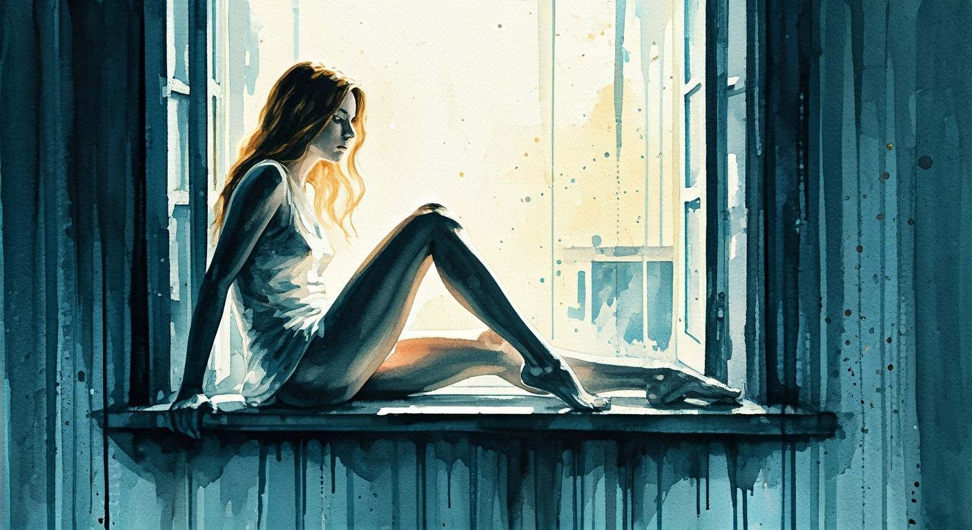 Watercolor wash. A solitary feminine figure, a study in elegant languor, perched upon a sun-drenched ...  by @Niels Carlsen