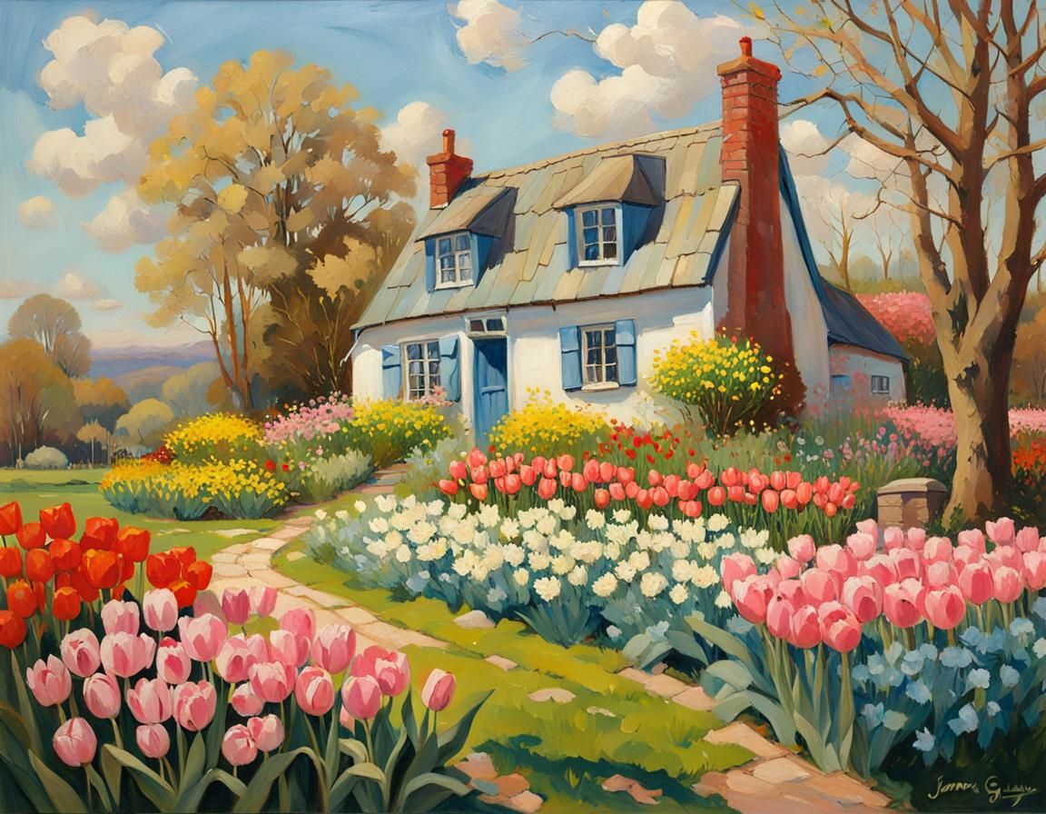 a spring cottage surrounded with flower beds full of tulips and daffodils, clear blue sky, still a few ...  by @The ancient one