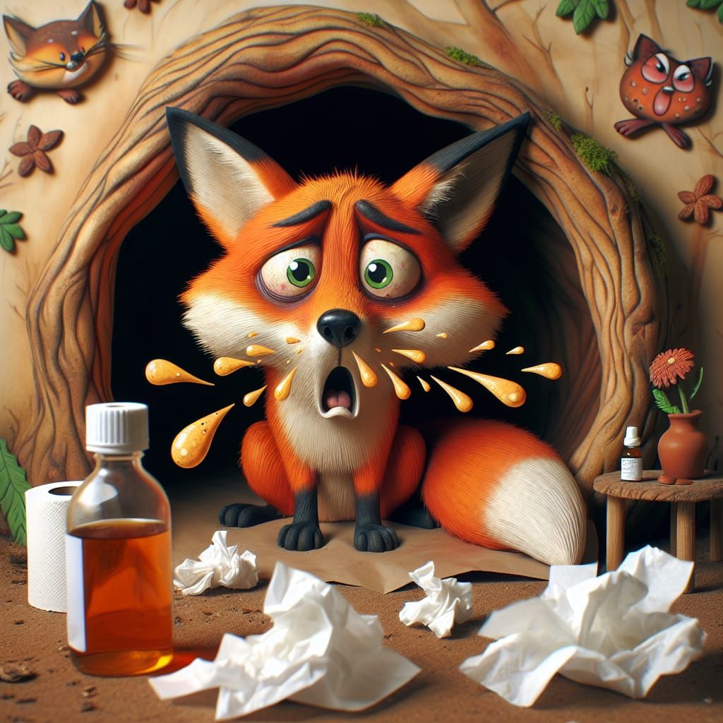 A fox feeling unwell and sneezing, tissues and medicine - AI Generated ...