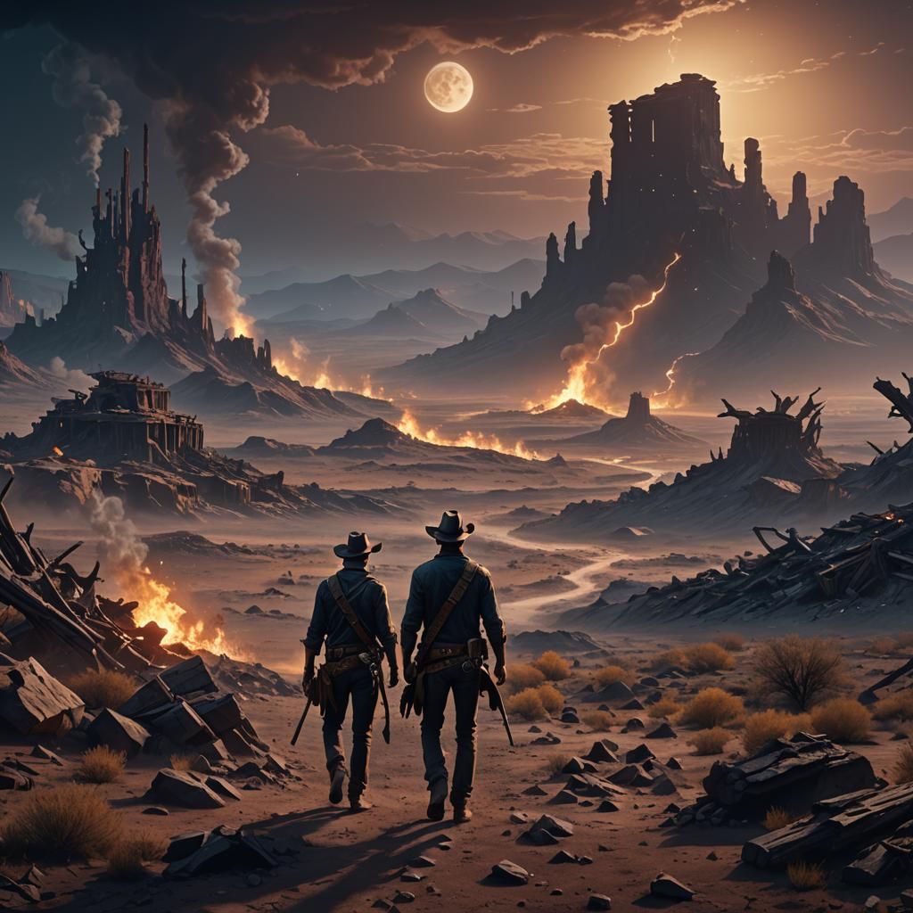A cowboy walks in a wasteland, smokes a big cigarette, night...