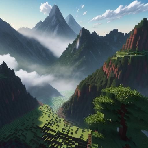 Beautiful misty mountain landscape on Minecraft 