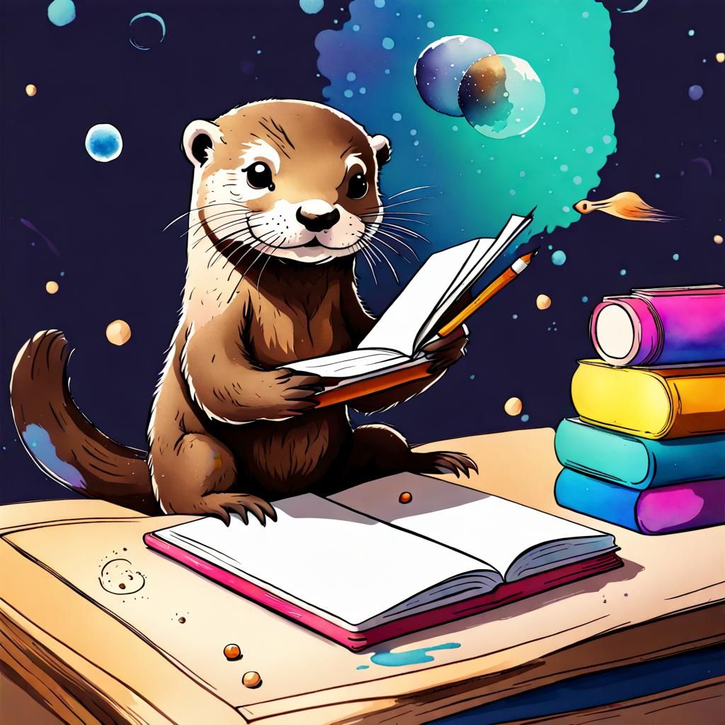 Otter writing a book, comic, splash art, cute, bright splash...