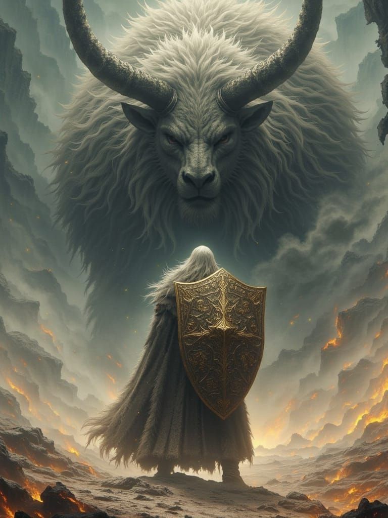 A towering knight draped in fur and iron stands before a massive horned beast emerging from swirling gray dust. The plains are cracked and s...