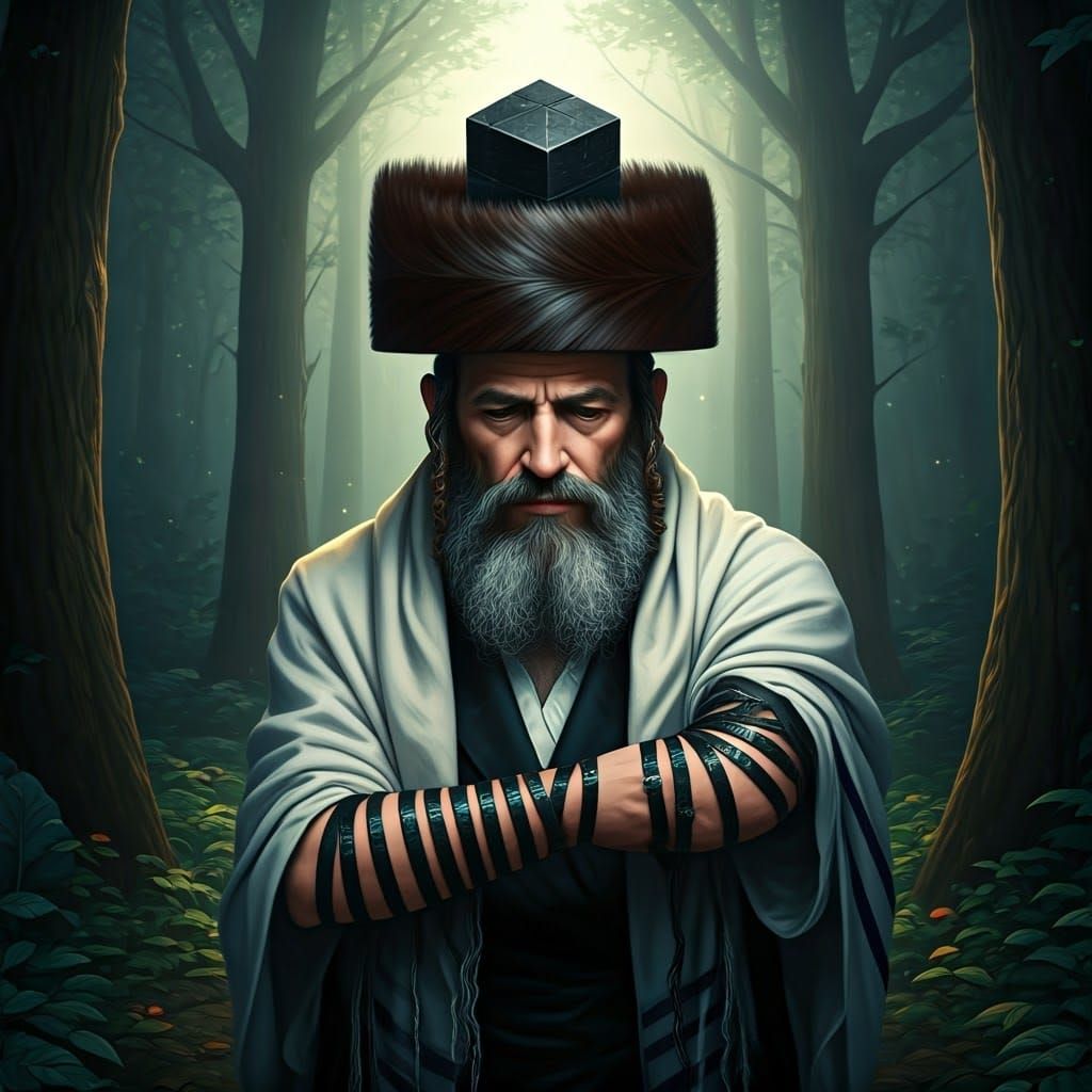 Mystical Hasidic Man in Forest, Ornate Splash Art