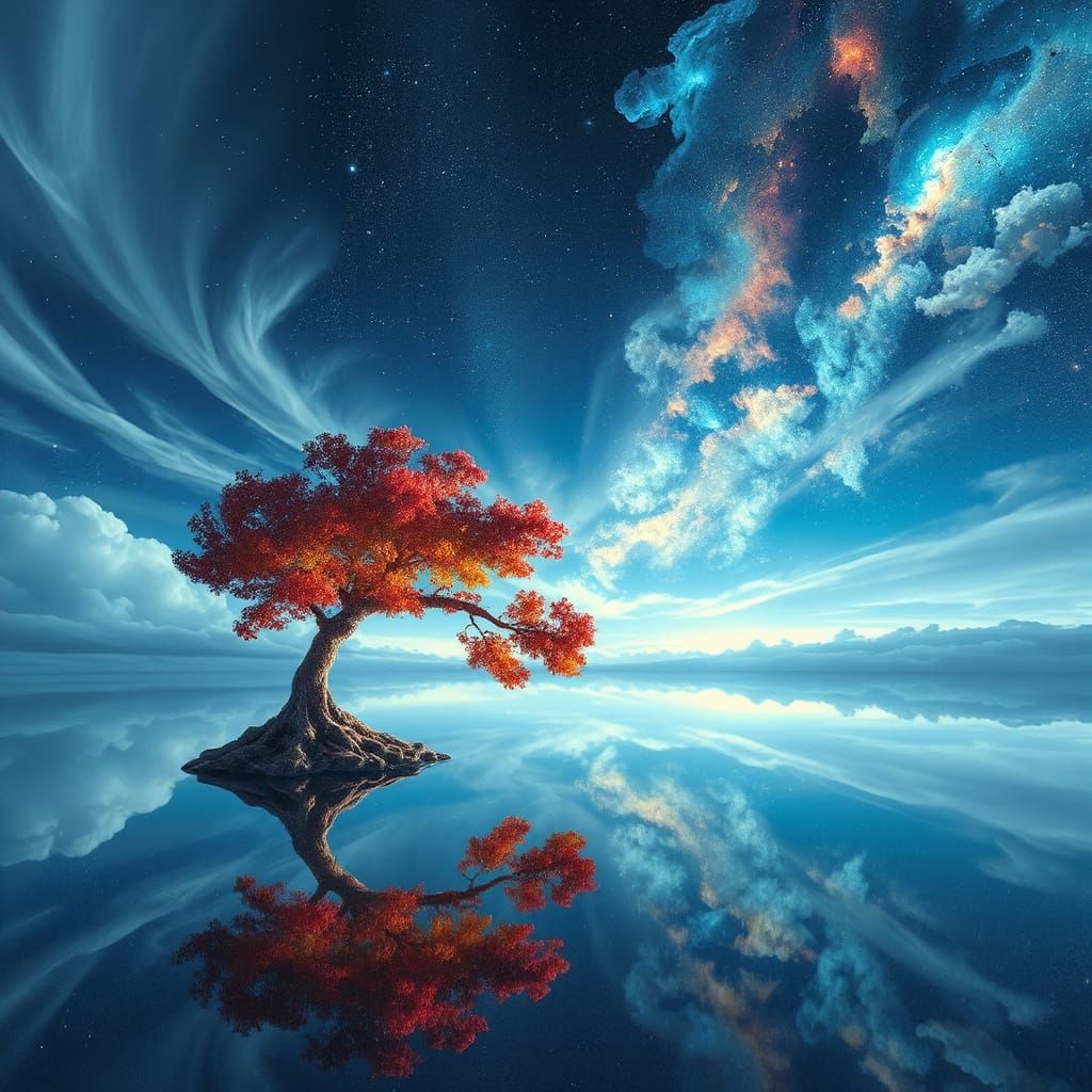 A dreamy, landscape where the sky is filled with  soft whisps of clouds giving way to a backdrop of a ...  by @Sumikokeel