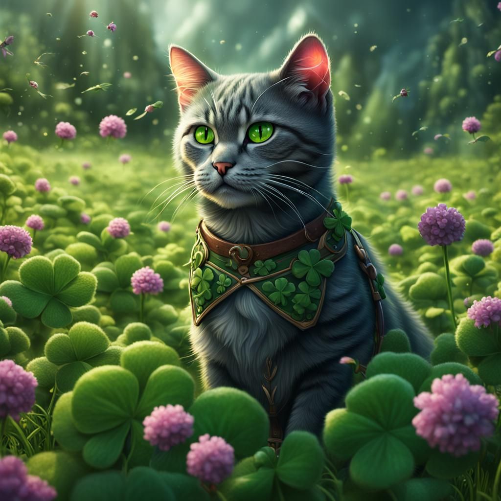 cat playing in clovers in an open field