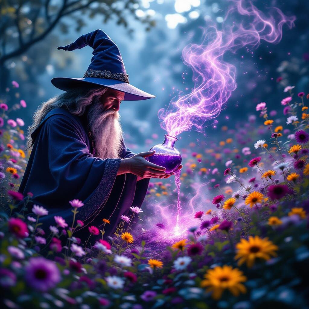 Wizard Transforms Garden to Battlefield in Double Exposure