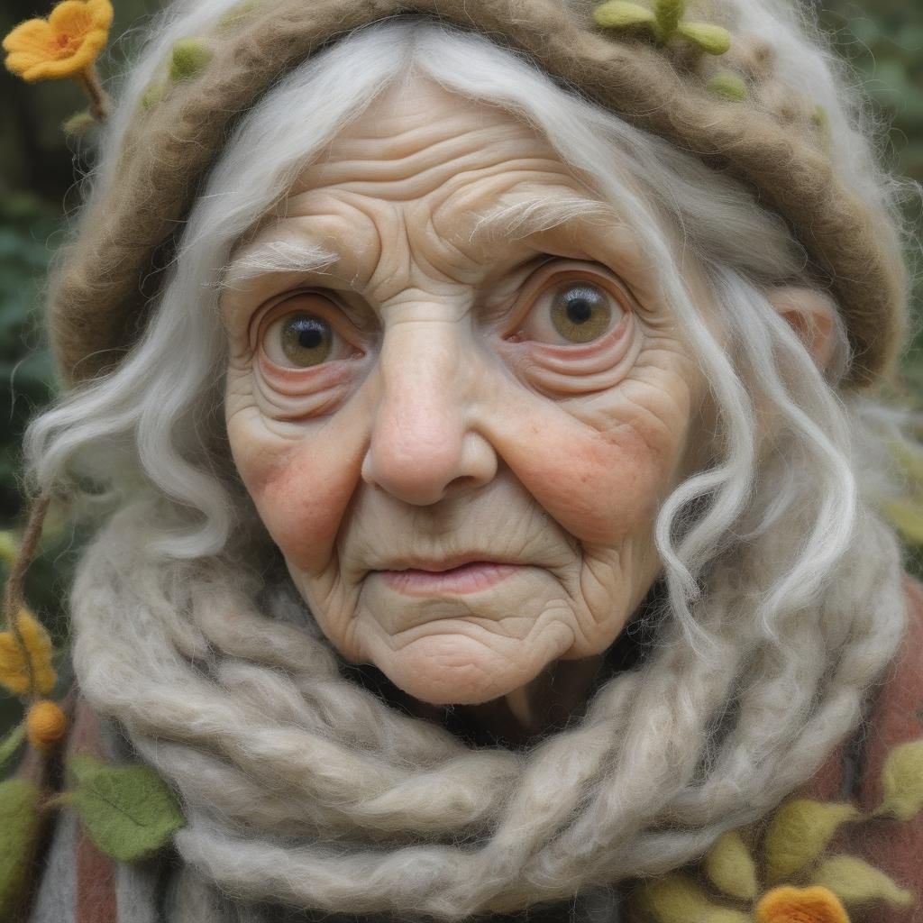 Needle-Felted Portrait of an Old Woman in Woodland