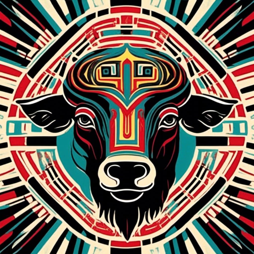 <lora:HaidaStyle:1.0> a buffalo in Black teal red and yellow Haida style 