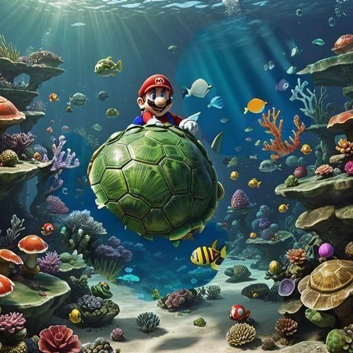 Mario holding a green Koopa Shell to go faster under the sea...