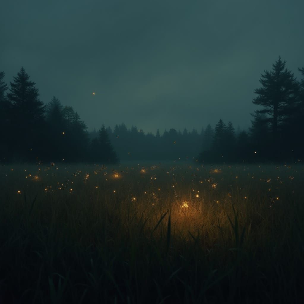 bird eye view a few fireflies scattered over a dark field far away from any human.  Each firefly's light  goes out.  The...