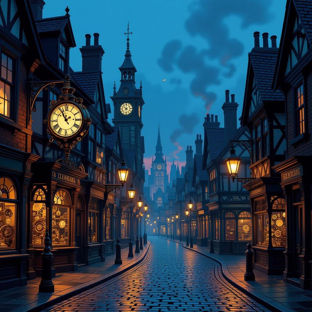 A bustling Victorian-era street scene at dusk, but all the buildings, cobblestones, and even the gas lamps are constructed from intricate, i...