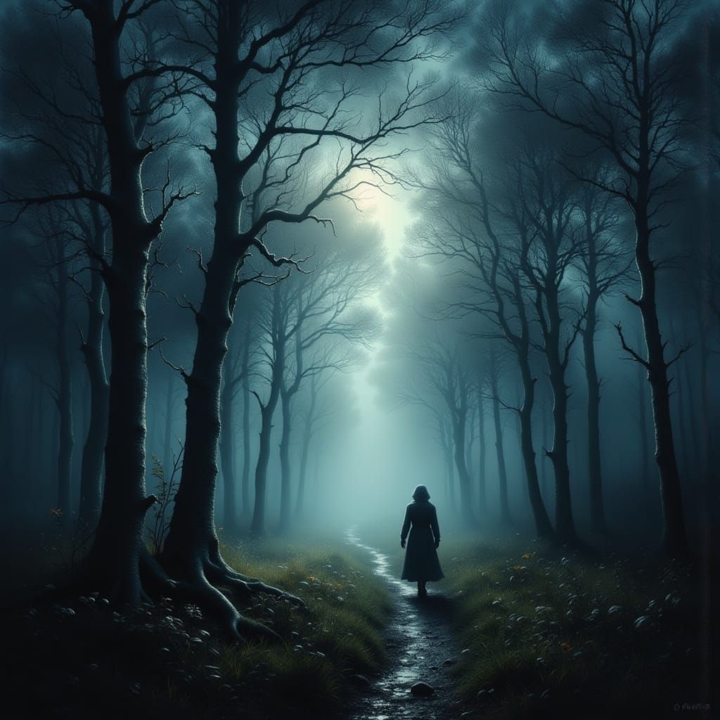 <lora:Graffiti Doom V2:1.0> Enchanting night time stroll through an English Forest, Silhouette of a beautiful woman with long, flowing hair,...